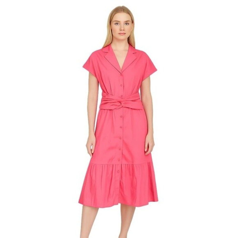 NWT! White House Black Market Outlet Tie Waist Shirt Dress Pink Coral Stretch